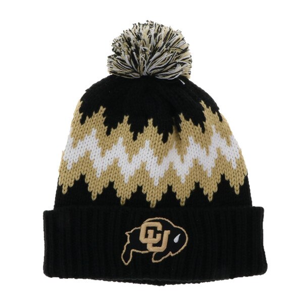 A black beanie with gold and white zig zags. The cuff has an embroidered CU Buffalo logo, and there is a white, black, and gold pom on the top.